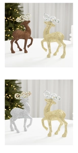 Glittering Christmas reindeer ornaments in gold, silver and brown with spiral antlers