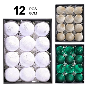 12-pack of 8cm velvet Christmas balls with glitter star patterns in white, gold, and green