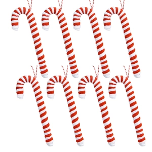 Set of 8 red and white striped plush Christmas candy cane ornaments with hanging strings