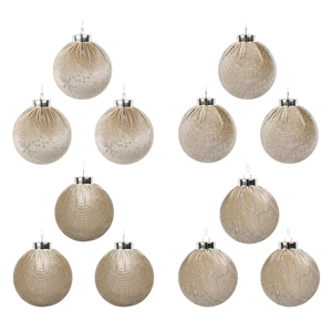 Set of 10 champagne gold velvet Christmas balls with glitter patterns and hanging strings