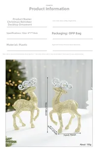 Detail of glittery gold reindeer tabletop ornaments for Christmas tree decor and photography
