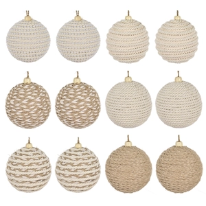 Set of 12 natural rope and cotton wrap Christmas ornaments with wooden beads for tree decor