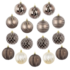Set of 16 chocolate and champagne gold Christmas tree ornaments with textured glitter