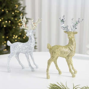 Glitter Christmas Reindeer Desktop Ornament Plastic Flocked Elk Statue For Home Christmas Tree Party Festive Decoration