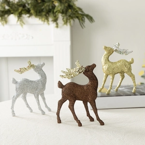Elegant Glitter Christmas Reindeer Ornament Plastic Elk Statue Desktop Figurine For Holiday Home Party Decoration White Gold Silver