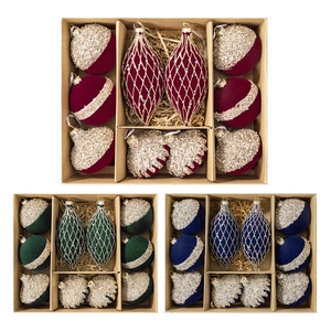 Lot de décorations de Noël avec boules en velours floqué et paillettes rouge vert bleu