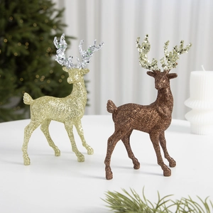 Glitter reindeer figurines in gold and brown for festive Christmas tree and table decoration
