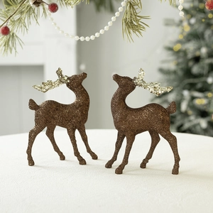 Glittering reindeer figurines for Christmas tree decor with brown and gold finish