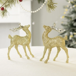 Set of two golden glitter reindeer ornaments for festive Christmas tree decorations