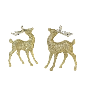 Glittery gold Christmas reindeer ornaments with silver antlers for holiday decoration