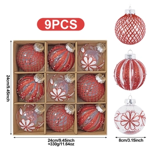 Set of 9 red and white DIY Christmas ornaments with snowflake patterns and size details
