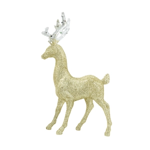 Golden glitter Christmas reindeer ornament with silver antlers for festive tree decoration