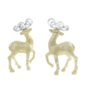 Golden glitter Christmas reindeer figurines set with elegant silver hollow antlers decor