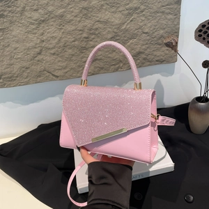 Sac Bandoulière de Luxe pour Femmes en Cuir PU avec Strass Mode Paillettes Rabat Sac à Main avec Barre Métallique Or pour Fête