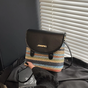Women Fashion Colorful Rainbow Woven Bucket Bag With PU Leather Flap Small Crossbody Shoulder Bag Summer Beach Casual Bag