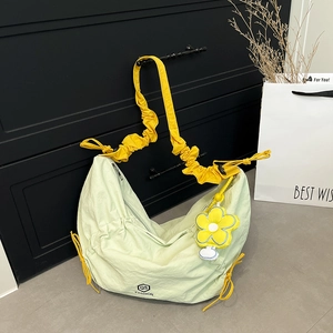 Large Capacity Nylon Crossbody Bag For Women Fashion Gathered Strap Hobo Bag With Flower Pendant Casual Shoulder Tote Bag