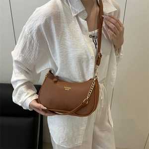 Brown lychee texture crescent underarm bag with gold chain strap and adjustable leather belt