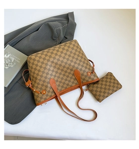 Detail shot of brown checkered tote bag with matching pouch and golden hardware
