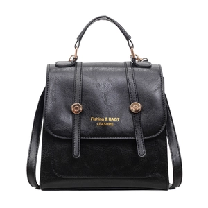 Vintage black PU leather backpack with gold hardware and top handle for women