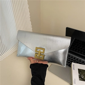 Pochette Enveloppe pour Femme en Cuir PU avec Boucle Métallique Géométrique Sac à Main de Soirée Tendance Urbaine Carré Or Argent Noir Blanc
