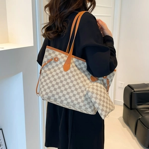 Classic checkered tote bag set with matching pouch and brown leather straps for daily commute