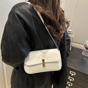 Minimalist white patent leather square shoulder bag with gold metal buckle for women