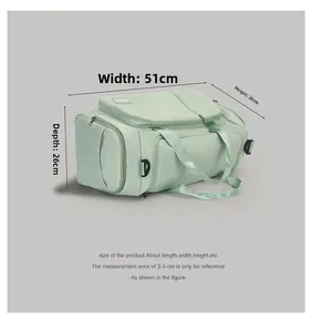 Detailed dimensions for green gym bag showing 51cm width and 28cm height for travel