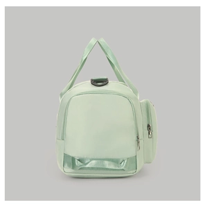 Detail of mint green travel bag with luggage strap and spacious zip compartments