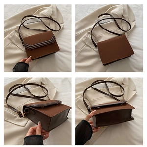 Detailed views of a brown square crossbody bag from multiple angles on a soft background