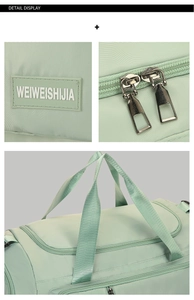 Detail view of mint green nylon gym bag featuring durable metal zippers and logo patch