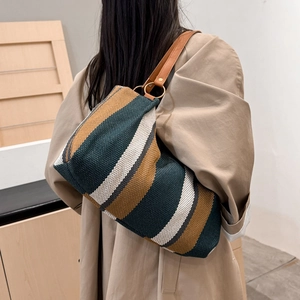 Large striped tote bag in green and yellow canvas with leather handles for women