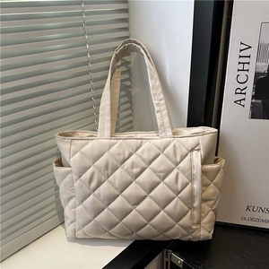 Women Large Quilted Cotton Tote Bag Casual Diamond Lattice Shoulder Bag Simple Fashion Large Capacity Travel Handbag