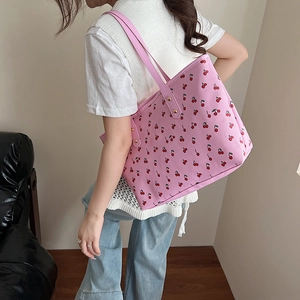 Sac cabas rose en PU avec imprimé cerise et bandoulières pour la mode quotidienne