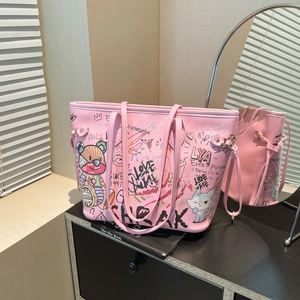 Streetwear PU Leather Large Capacity Tote Bag Cartoon Bear Fox Graffiti Print Letter Shoulder Bag Handbag For Women Daily