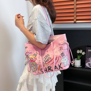 Pink cartoon graffiti tote bag for women with large capacity and animal print