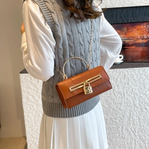 Brown crocodile pattern crossbody bag with gold handle and chain strap on model