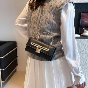 Structured black crocodile pattern handbag with gold hardware and heart padlock for women