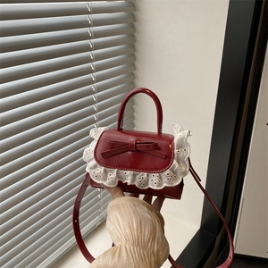 Women Sweet Lace Bow Mini Crossbody Bag PU Leather Kawaii Lolita Handbag Small Square Shoulder Bag With Adjustable Strap