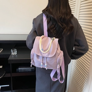 Lightweight purple backpack with blue embroidery and thick cotton rope handle for women