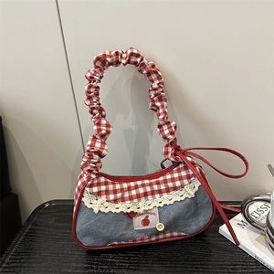 Sac Cabas Mode Femme Denim Patchwork Motif à Carreaux Bordure Dentelle Sac à Épaule Broderie Chat de Dessin Animé Sac à Main en Toile Sac Sous le Bras