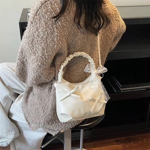 White pleated cloud handbag with ribbon bow and lace chain strap for women