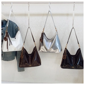 Multiple views of large capacity hobo bags in white, dark brown, silver and black colors