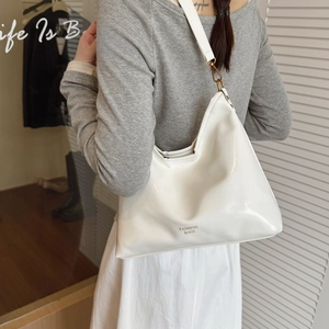 White glossy leather large capacity hobo bag with Fashion Bags logo for women