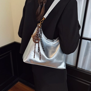 Metallic silver large tote bag for women with gold hardware and fashion lettering