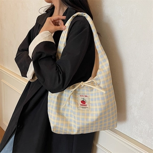 Plaid canvas tote bag in yellow and blue checks with a tomato graphic fabric patch