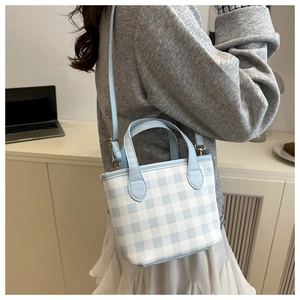 Model wearing a light blue checkered bucket bag with a thin crossbody strap