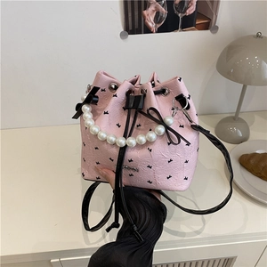 Sac Seau Doux à Nœud pour Femmes Poignée en Künstliche Perle d'imitation Cuir PU Cordon de Serrage Sac Bandoulière Floral
