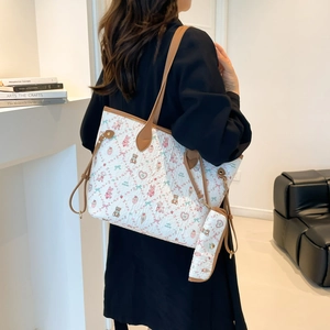 Cute bear and dessert print tote bag in cream with brown leather straps and small coin pouch