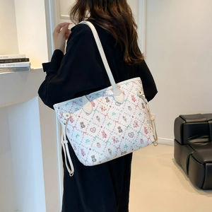 White large capacity tote bag with colorful cartoon prints and side drawstrings