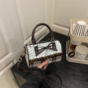 Vintage Sweet Bowknot Boston Bag For Women Star Plaid Print Ruffle Handbag Crossbody Shoulder Bag With Heart Pendant